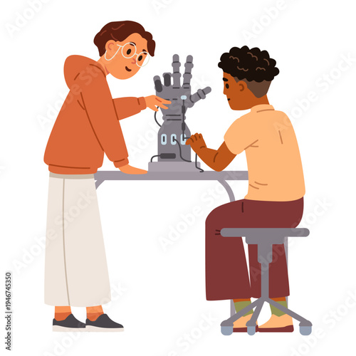 Pair of schoolkids working together on engineering project sitting at desk with robotic arm flat vector illustration isolated on white.