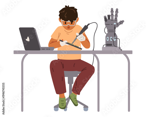 Schoolboy studying robotics and engineering soldering card sitting at table with laptop and robotic arm flat vector illustration isolated on white.
