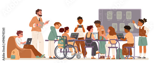 Diverse school children and a teacher working together on educational project at desk with laptops flat vector illustration.
