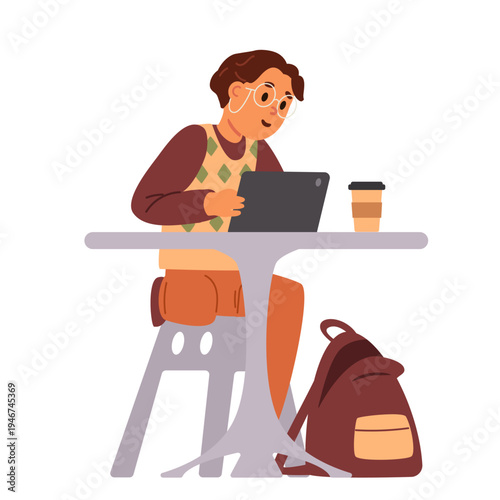 Schoolgirl sitting at table with tablet flat vector illustration isolated on white.