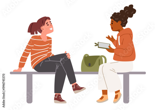Two teenage girls students chatting during the break sitting on the bench flat vector illustration isolated on white.