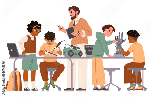 Group of diverse children during robotics class with man teacher flat vector illustration isolated on white. Students studying engineering, programming, modern technologies.