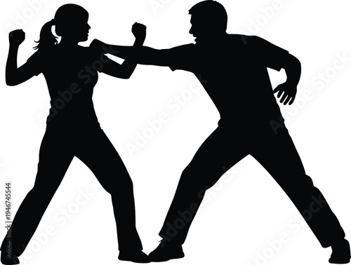 Martial arts silhouette, sparring fighters, self defense training, combat practice illustration, boxing punch block, karate action, dynamic sports iconMartial arts silhouette, sparring