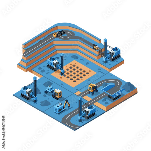 Isometric illustration of an open-pit mine with various heavy machinery and excavation activities, showcasing industrial operations and resource extraction in a stylized, colorful design.