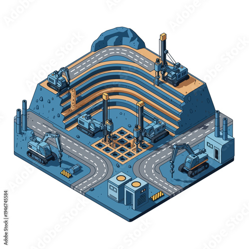 Isometric illustration of an open-pit mine with excavators, drilling rigs, and layered excavation levels.