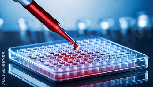 close up of laboratory pipette dispensing red liquid into microplate well for scientific research and analysis