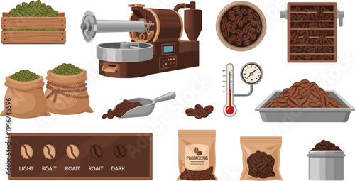 Coffee Roasting Process and Bean Production Collection with Roaster Machine, Green Beans, Roasted Beans, Packaging Bags and Equipment Vector Illustration Set