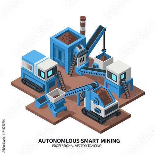 Isometric illustration of an autonomous smart mining operation with automated machinery and conveyor belts processing raw materials.