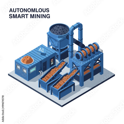 Autonomous smart mining facility with automated processing and material handling systems.