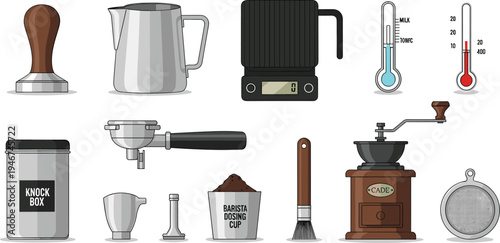 Coffee Brewing Equipment Collection with Tamper, Kettle, Scale, Thermometer, Grinder, Portafilter and Barista Tools for Espresso Preparation Vector Illustration Set