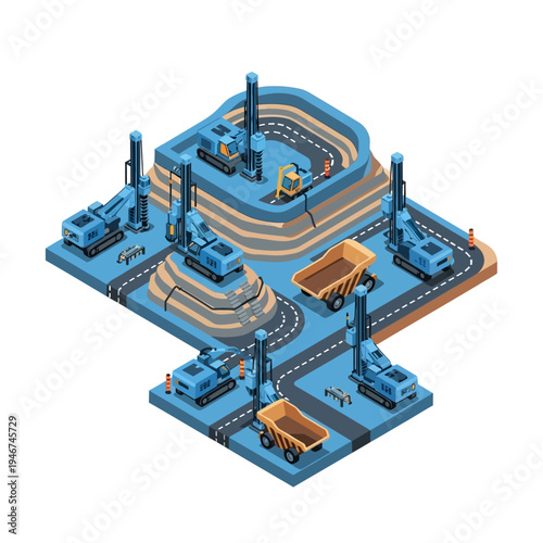 Isometric illustration of an open-pit mine with drilling machines and dump trucks, showcasing industrial mining operations.