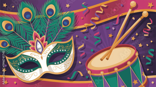 Vibrant mardi gras carnival festival banner with colorful mask drum and confetti on purple background