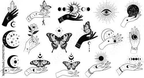 Mystical hand illustration, celestial symbols, crystals, butterflies, crescent moon, stars, sun, planetary signs, spiritual artwork, black and white vector