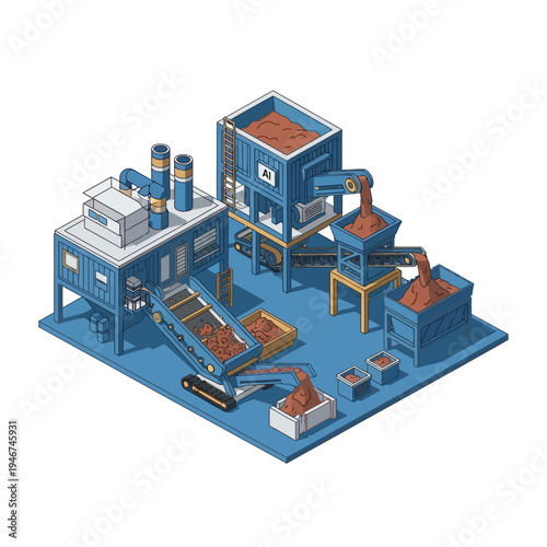 Isometric illustration of an industrial factory processing raw materials with conveyor belts and robotic arms.