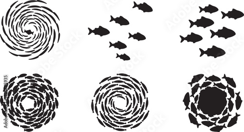 Set of Six Abstract Fish School Pattern Silhouettes