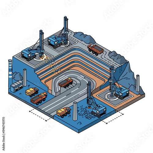 Isometric illustration of an open-pit mine with drilling rigs, trucks, and a processing plant, showcasing the extraction and transportation of minerals.