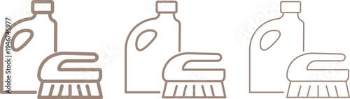 Cleaning supply icons showing bottle and scrub brush, in outline and solid black styles for home cleaning,
