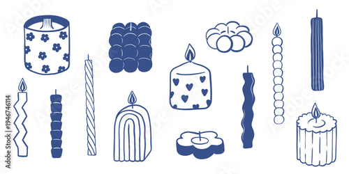 Hand drawn candles in a blue outline style. A cute vector collection for home decor, banners, spas, and cafes.