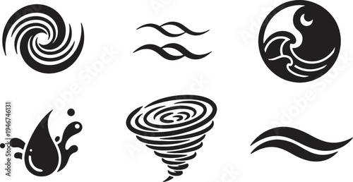 Collection of Six Abstract Water and Wave Symbol Silhouettes