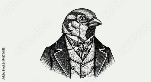 Victorian Sparrow Dressed in Formal Attire with Monocle.