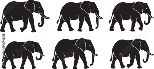Solid Black African Elephant Herd Walking Line Shapes