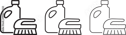 Cleaning supply icons showing bottle and scrub brush, in outline and solid black styles for home cleaning,
