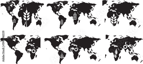 Solid Black Agriculture Farm Food World Map Shapes
