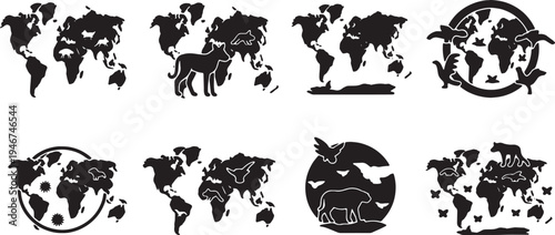 Solid Black Animal Wildlife Nature World Map Shapes