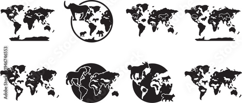 Solid Black Animal Wildlife Nature World Map Shapes