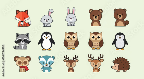 Collection of Cute Cartoon Forest Animals and Birds.