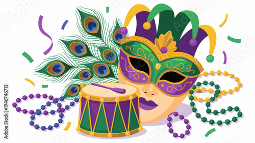 Vibrant mardi gras mask and drum illustration with colorful beads and feathers festive carnival celebration