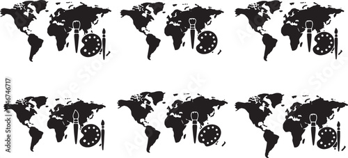 Solid Black Art Paint Brush World Map Shapes