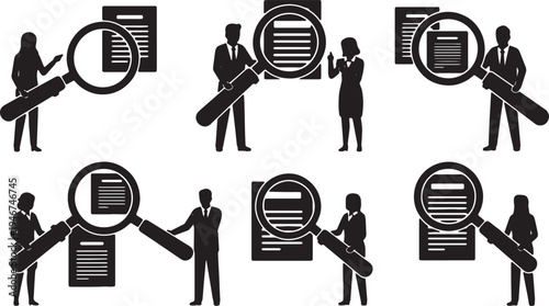 Business Audit and Document Investigation Silhouettes on White