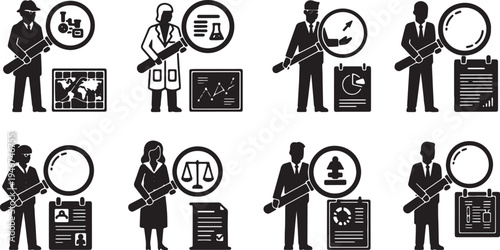 Business Audit and Document Investigation Silhouettes on White
