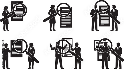 Business Audit and Document Investigation Silhouettes on White