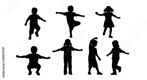Children Silhouettes: Diverse Poses of Kids Dancing, Playing, and Exercising
