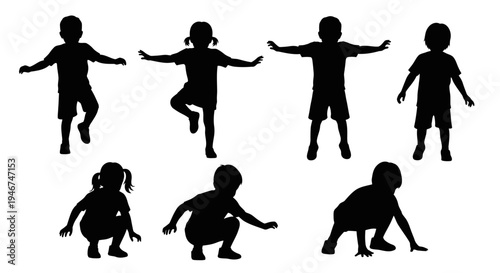 Children Silhouettes: Diverse Poses of Kids in Motion, Playful and Active Childhood
