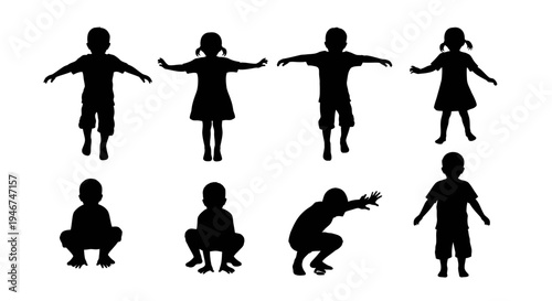 Children Silhouettes: Diverse Poses of Kids in Action, Play, and Learning