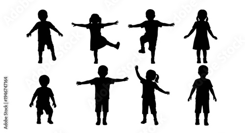 Children Silhouettes: Diverse Poses of Kids Exercising and Playing Outdoors