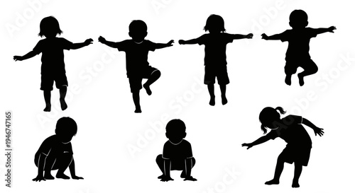 Children Silhouettes: Diverse Poses of Kids in Motion - Playful Childhood Activities