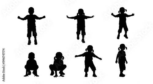 Children Silhouettes: Diverse Poses of Kids Playing, Jumping, and Crouching