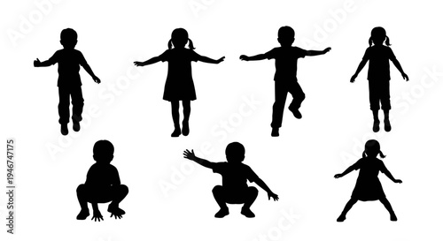 Children Silhouettes: Diverse Poses of Kids in Motion, Playful and Active Childhood Moments