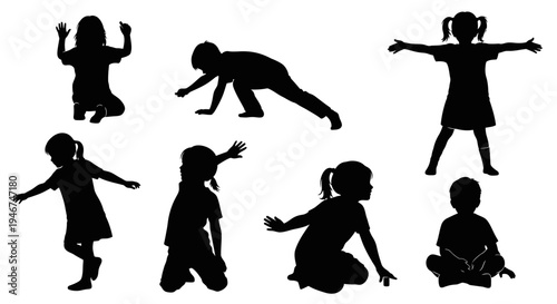 Children Silhouettes: Diverse Poses of Kids Playing, Exercising, and Relaxing