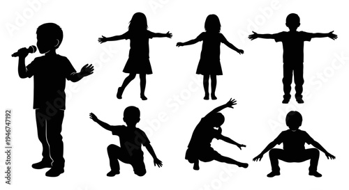 Children Silhouettes: Diverse Poses of Kids Singing, Dancing, Exercising, and Playing