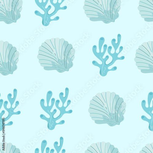 Minimal coral and seashell seamless pattern ocean marine background