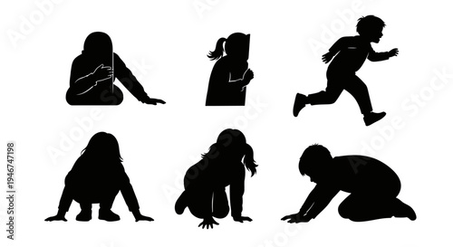 Children Silhouettes: Diverse Poses of Kids Playing, Running, and Crawling