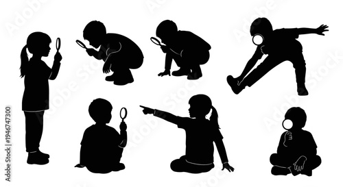 Children Silhouettes: Exploring, Playing, and Discovering with Magnifying Glass and Bubbles