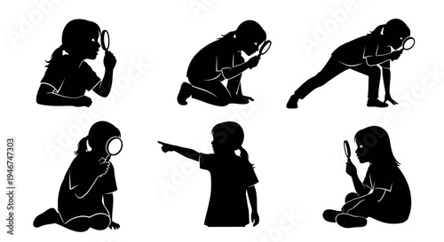 Children Silhouettes Exploring with Magnifying Glass, Pointing, and Observing