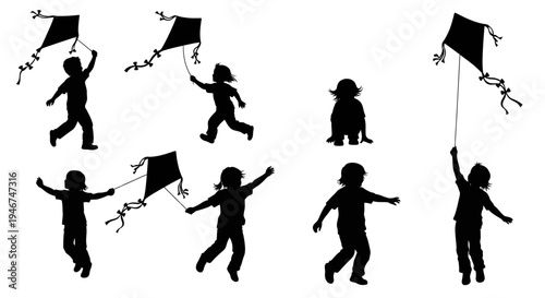 Children Silhouettes Flying Kites Outdoors - Diverse Activities and Joyful Play