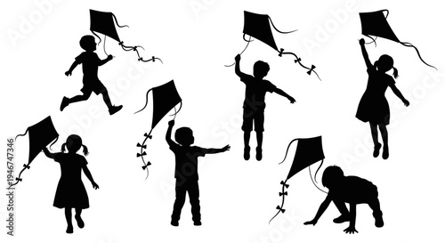 Children Silhouettes Flying Kites Outdoors on a Sunny Day